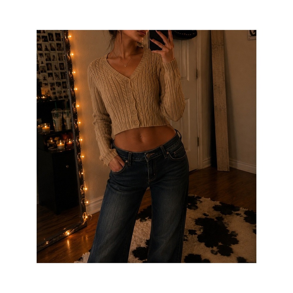 Hollister XS Y2K Preppy Cardigan Tan Cable Knit Cropped V-Neck Button Up Sweater